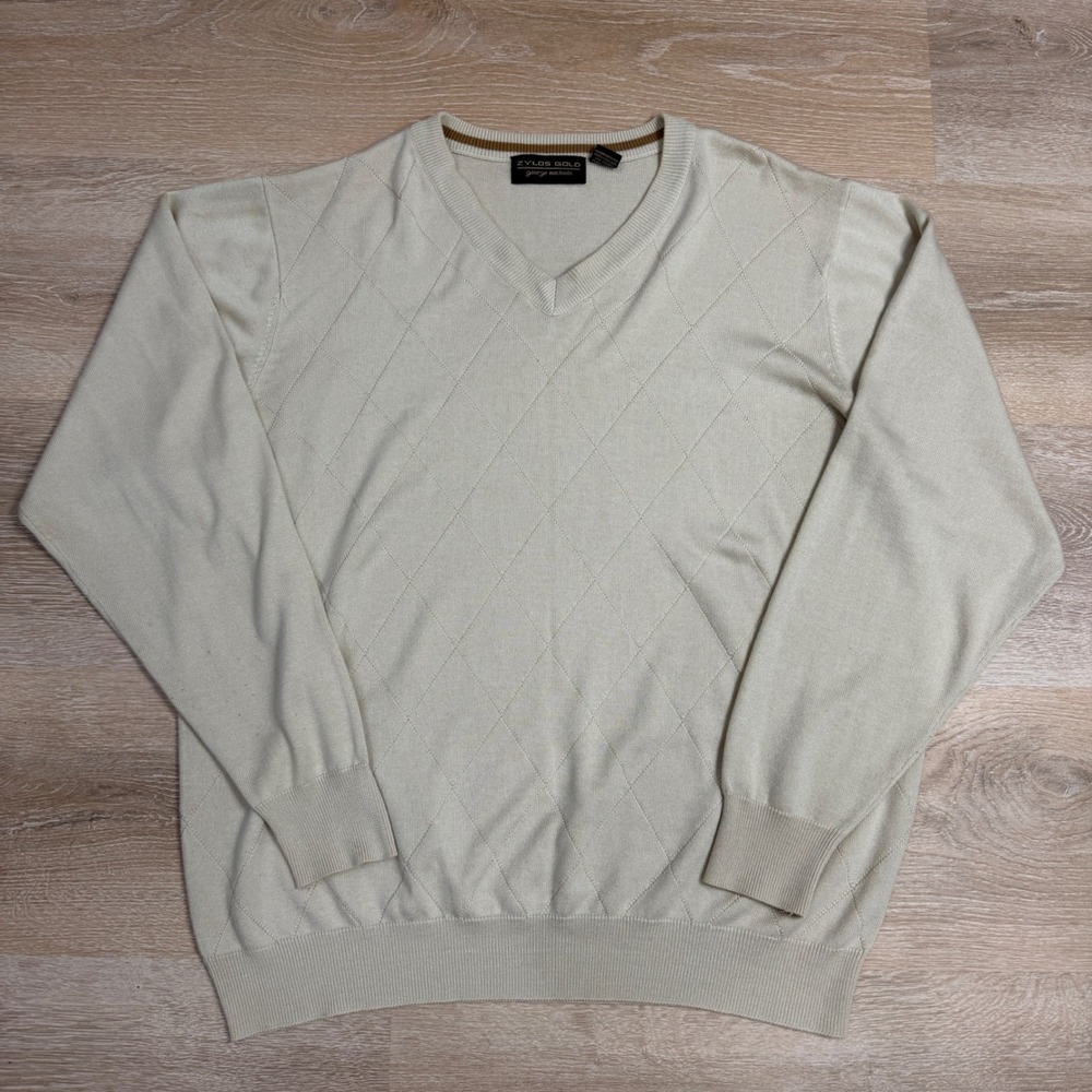 Zylos Gold George Machado Mens 3X Cream Diamond Textured V-Neck Sweater Pullover